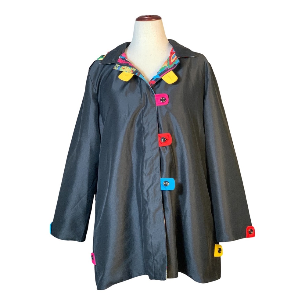 Oopera Reversible Hooded Waterproof Jacket Black Abstract Sunflower Print XL
